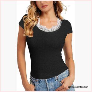 Slim Fit Lace Trim Scoop Neck Cap Sleeve T-Shirt Y2K Summer Top